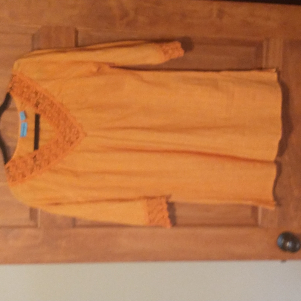 Aqua Blue women's size M 3/4 sleeves cotton tunic with crocheted V-neck and.....